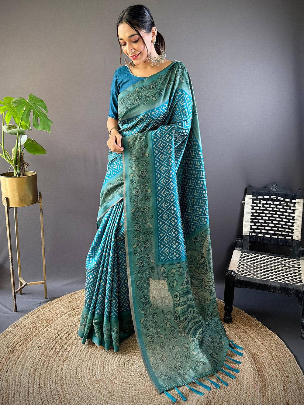 Teal Patola Kalamkari Saree