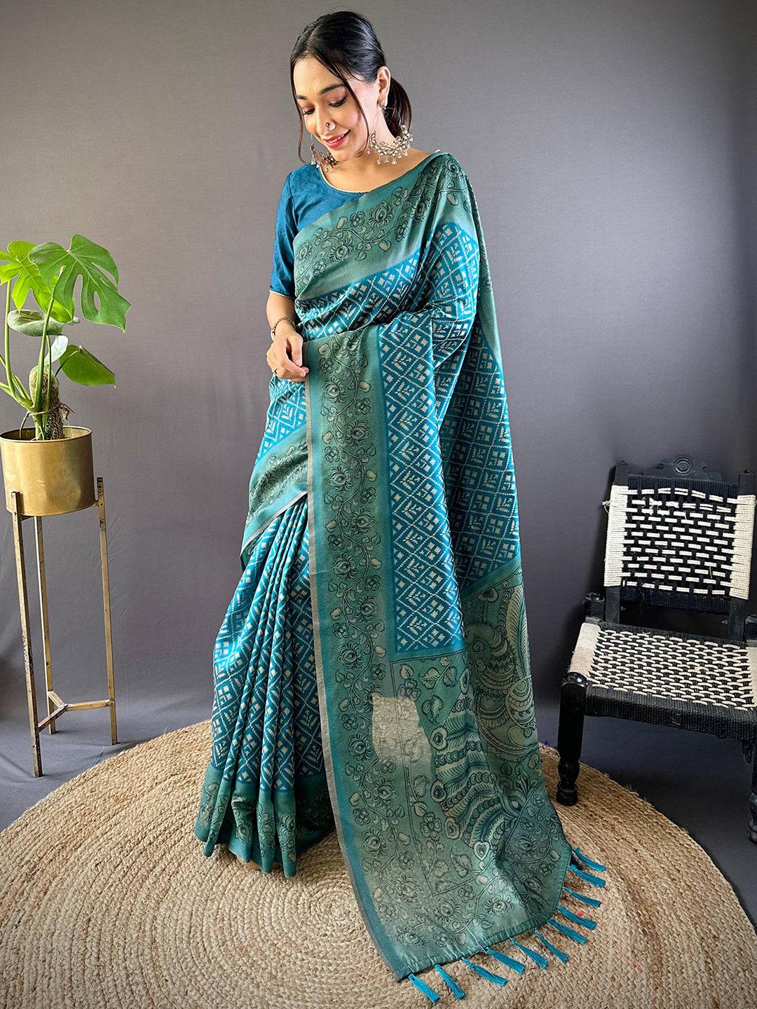 Teal Patola Kalamkari Saree