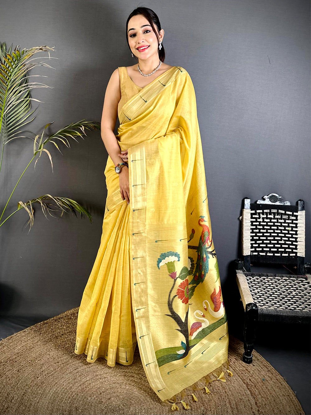 Yellow Minakari Grace Khadi Linen Saree
