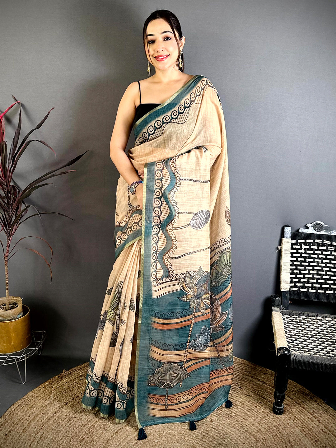 Heritage Freehand Kalamkari Linen Saree