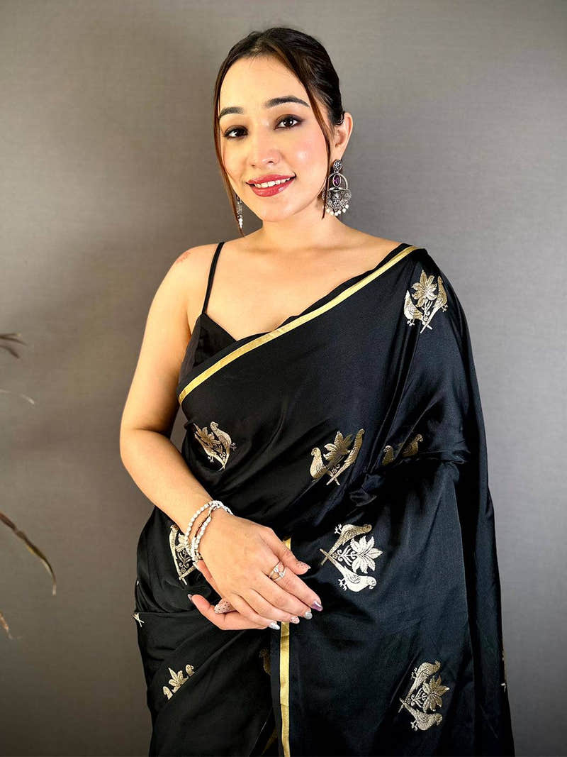 Black Bird Weaving Mashru Satin Saree