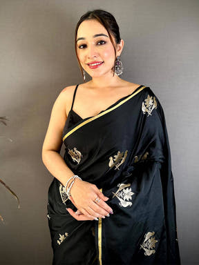Black Bird Weaving Mashru Satin Saree