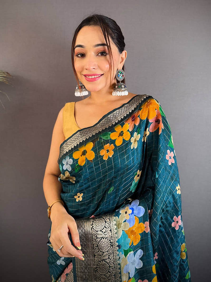 Teal Viscose Kanchi Pattu Border Saree