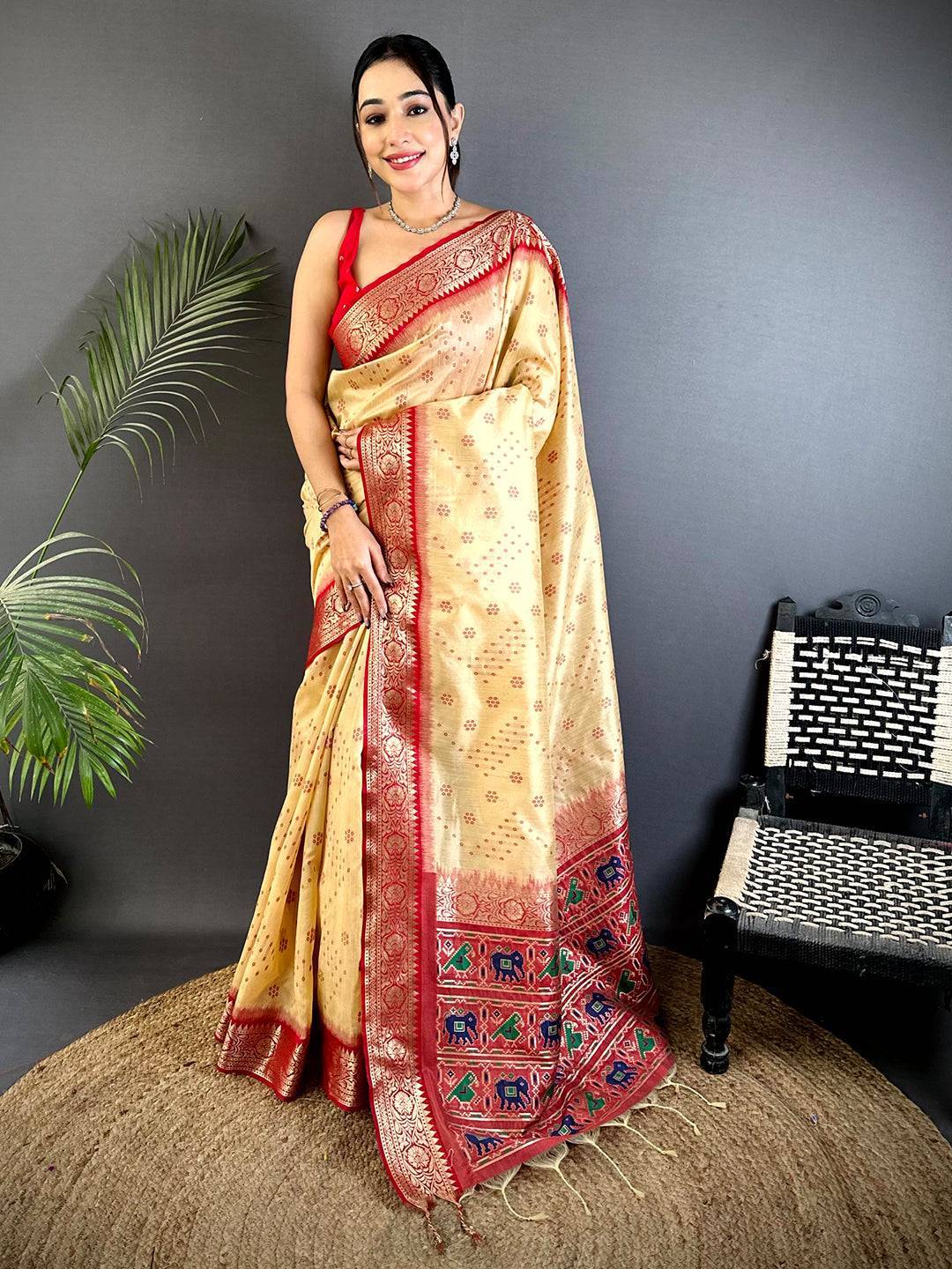 Cream Bandhej Pochampally Raw Silk Saree

