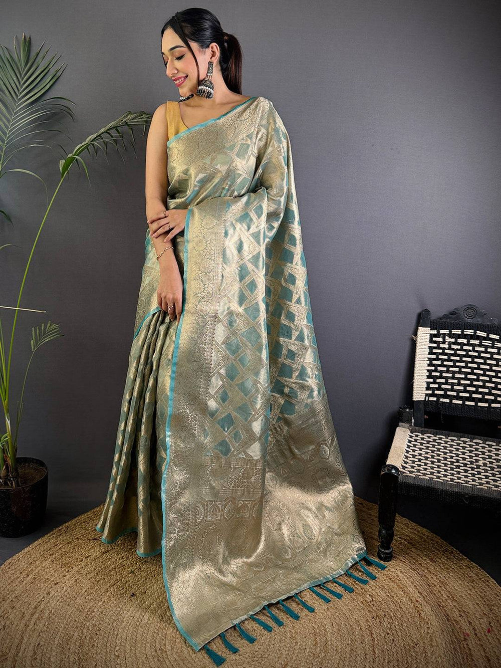 Blue Tissue Jarokha Zari Weaving Saree