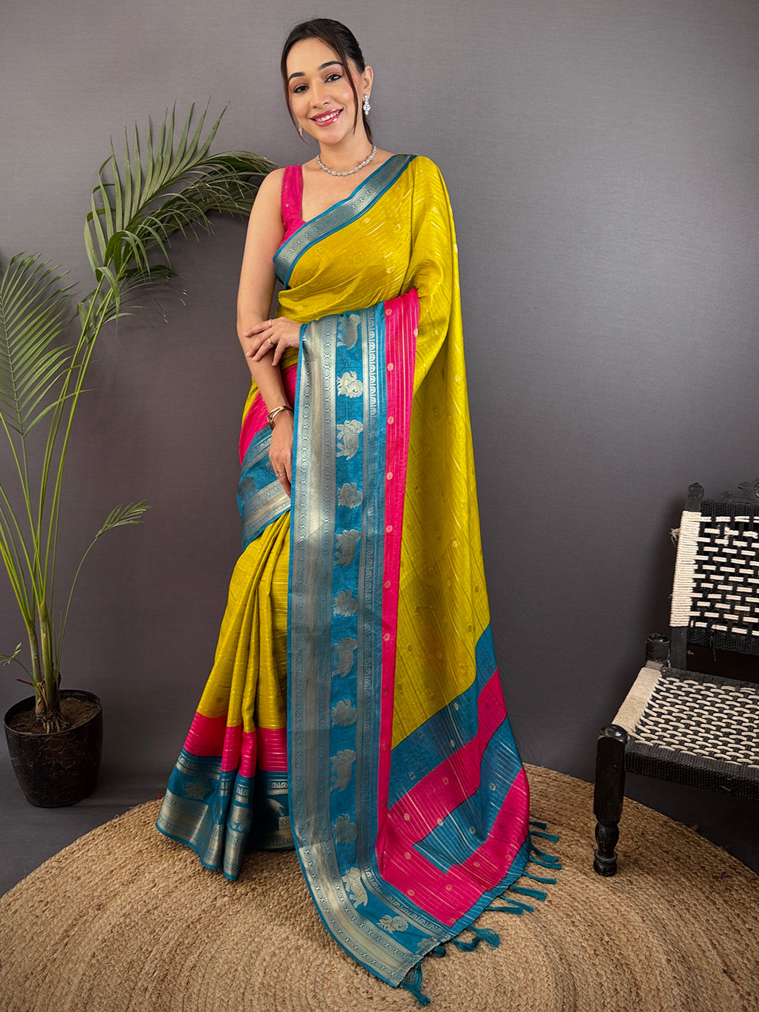 Yellow Soft Dola Silk Striped Print Saree
