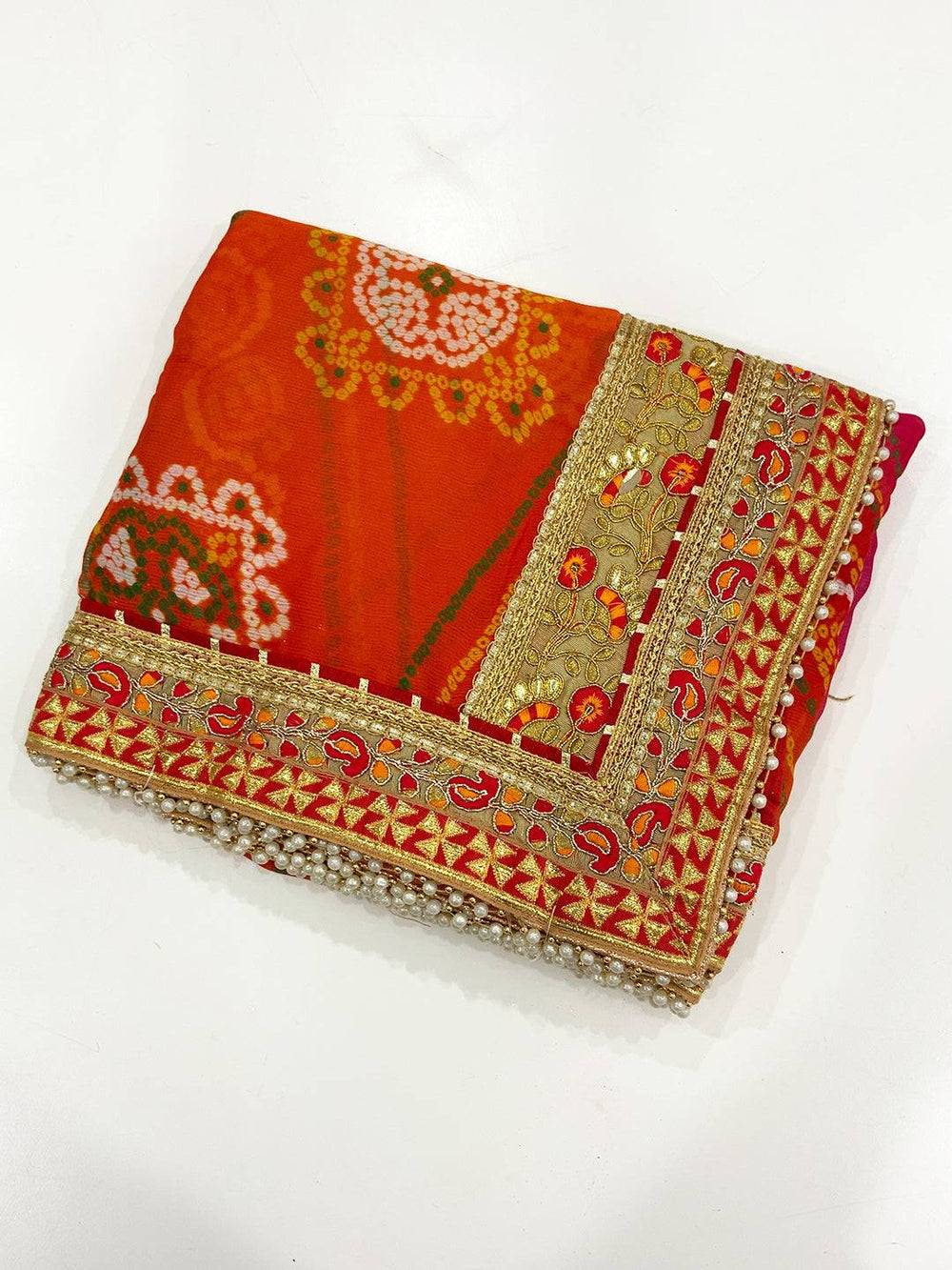 Elegance Bandhej Print Chinnon Foil Saree