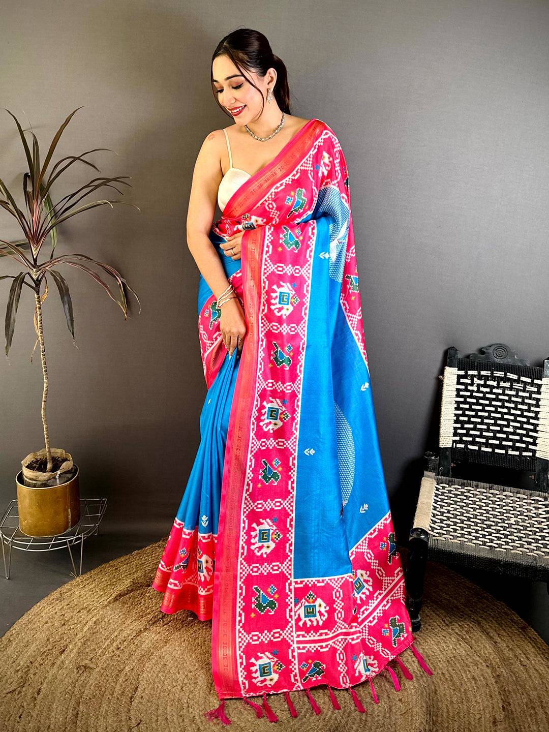 Blue Soft Silk Rudraksha Zari Patola Saree