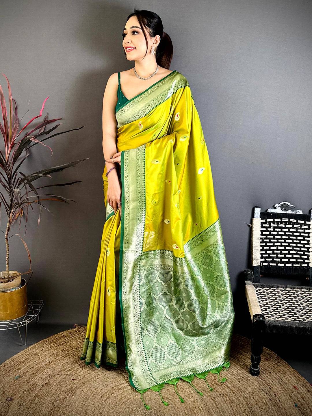 Lime Yellow Heritage Gadwal Silk Saree