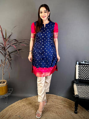 Navy Soft Dola Silk Round Slit Neck Kurti