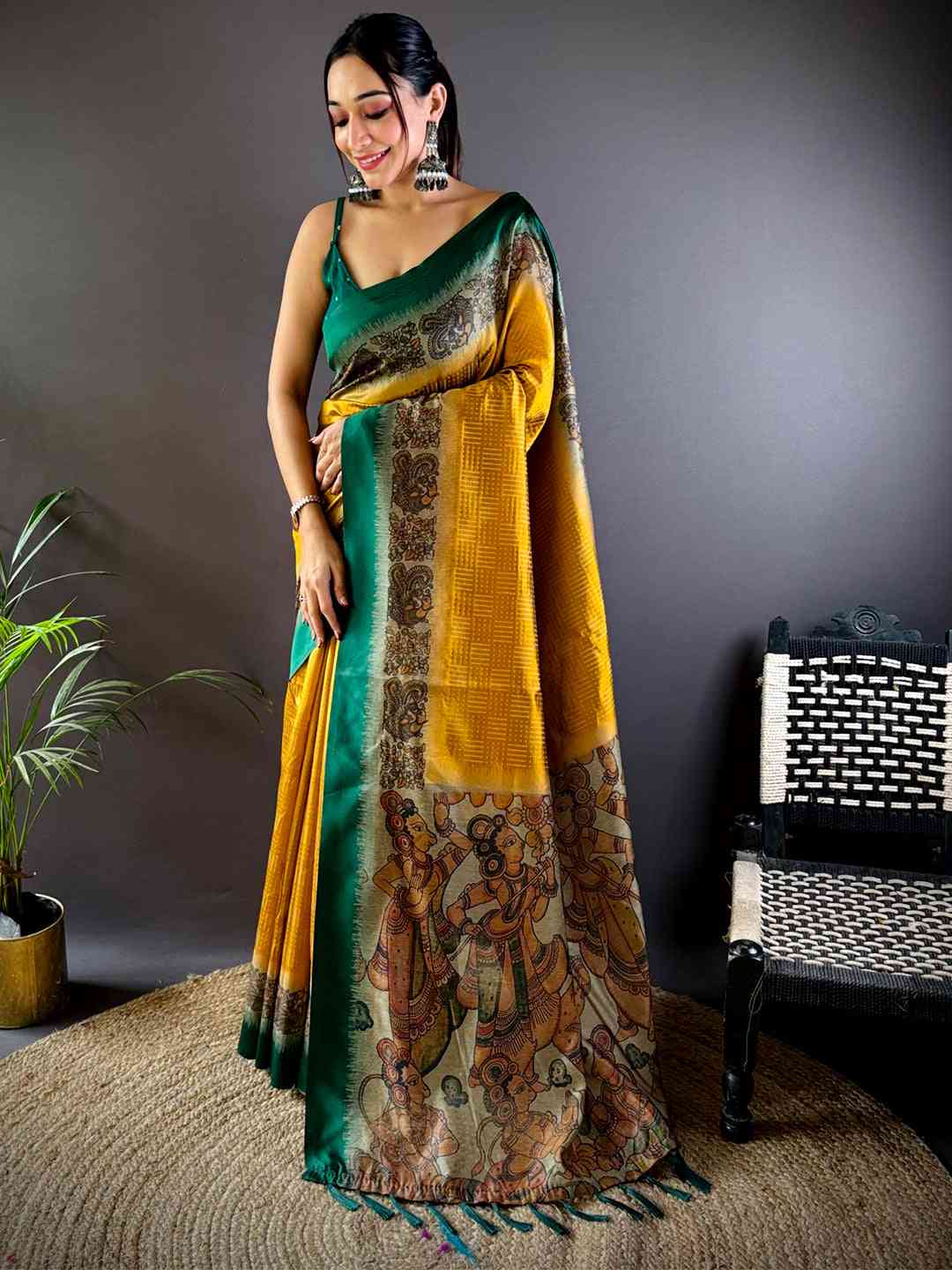 Mustard Soft Silk Kalamkari Pallu Saree