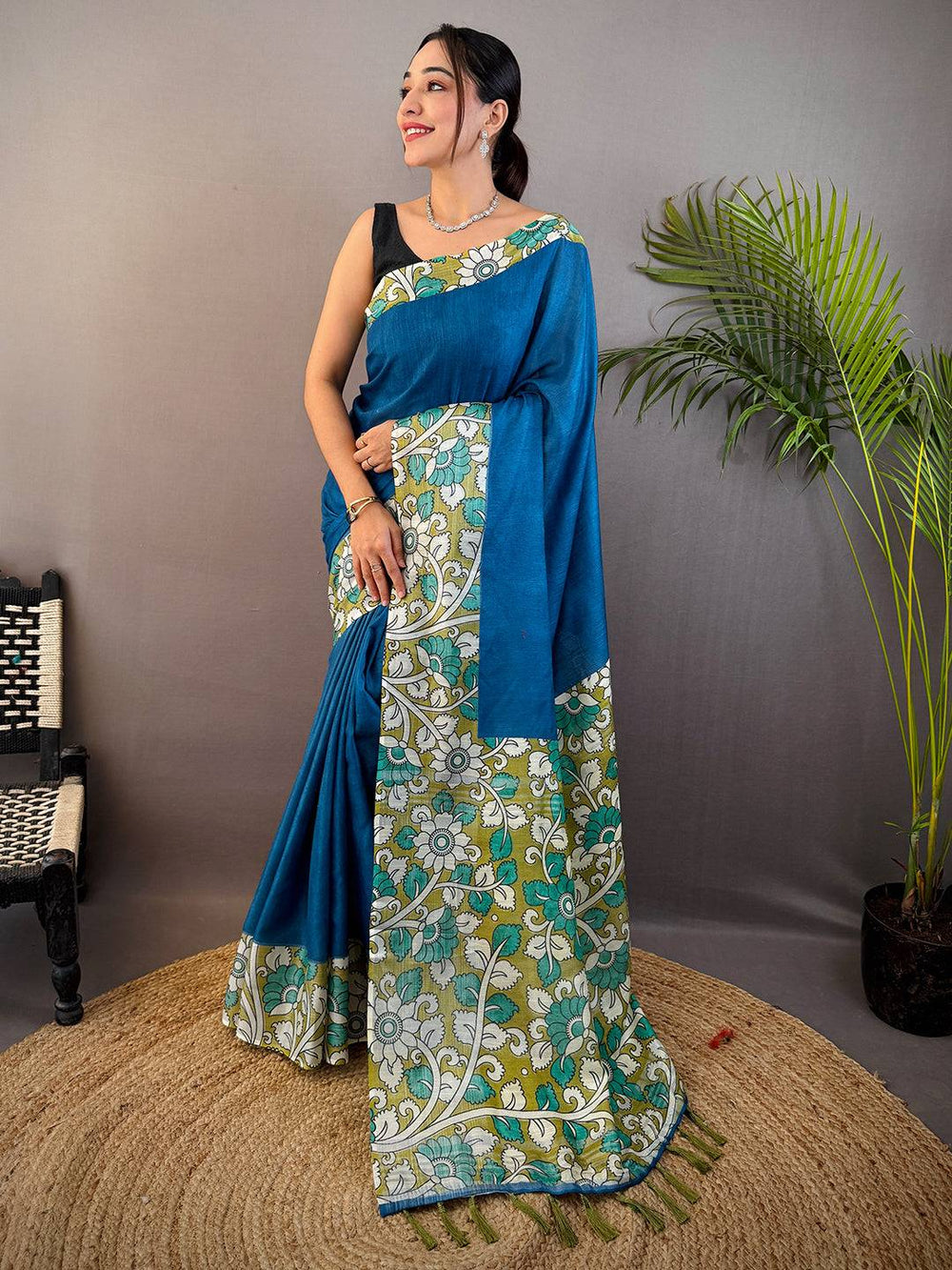 Teal Linen Kalamkari Print Saree