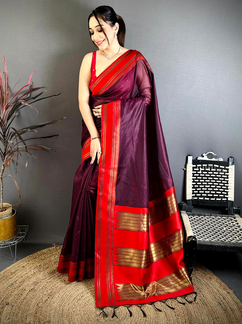 Regal Wine Banarasi Katan Silk Zari Saree With Maggam Blouse