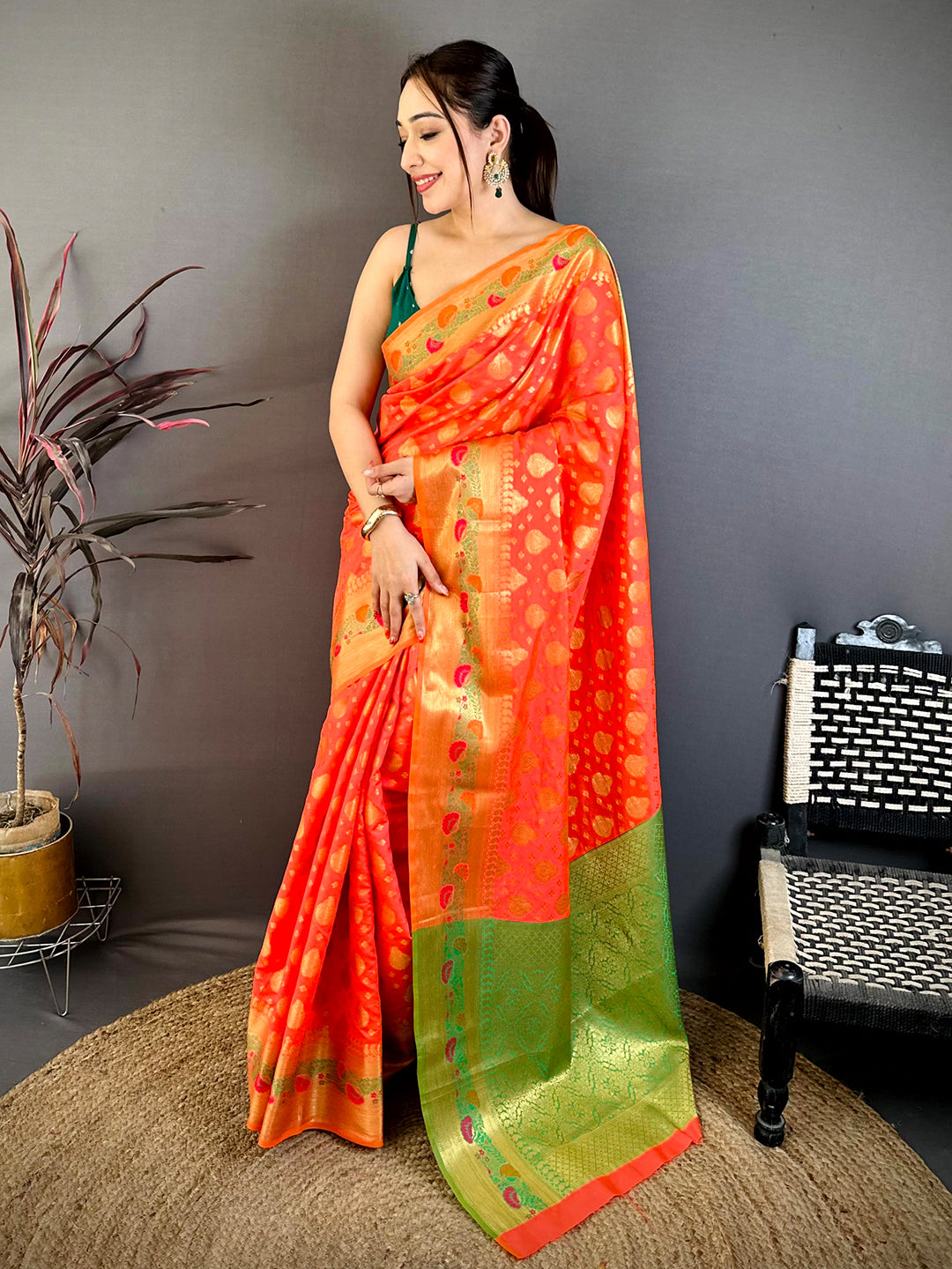 Royal Orange Banarasi Minakari Zari Saree