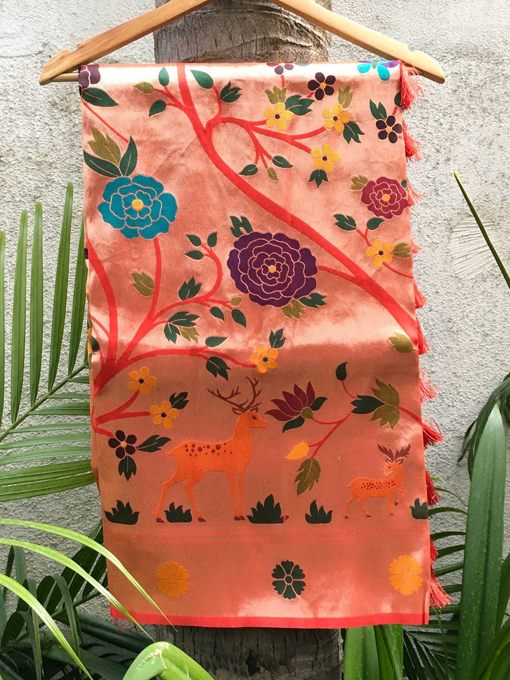 Coral Meenakari Work Paithani Saree with floral and deer motifs