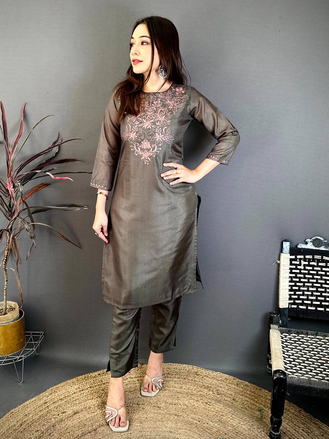 Dark Olive Ari Work Cotton Zari Kurti