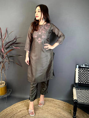 Dark Olive Ari Work Cotton Zari Kurti