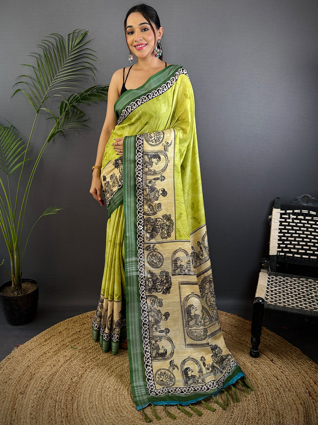 Olive Linen Kalamkari Printed Saree