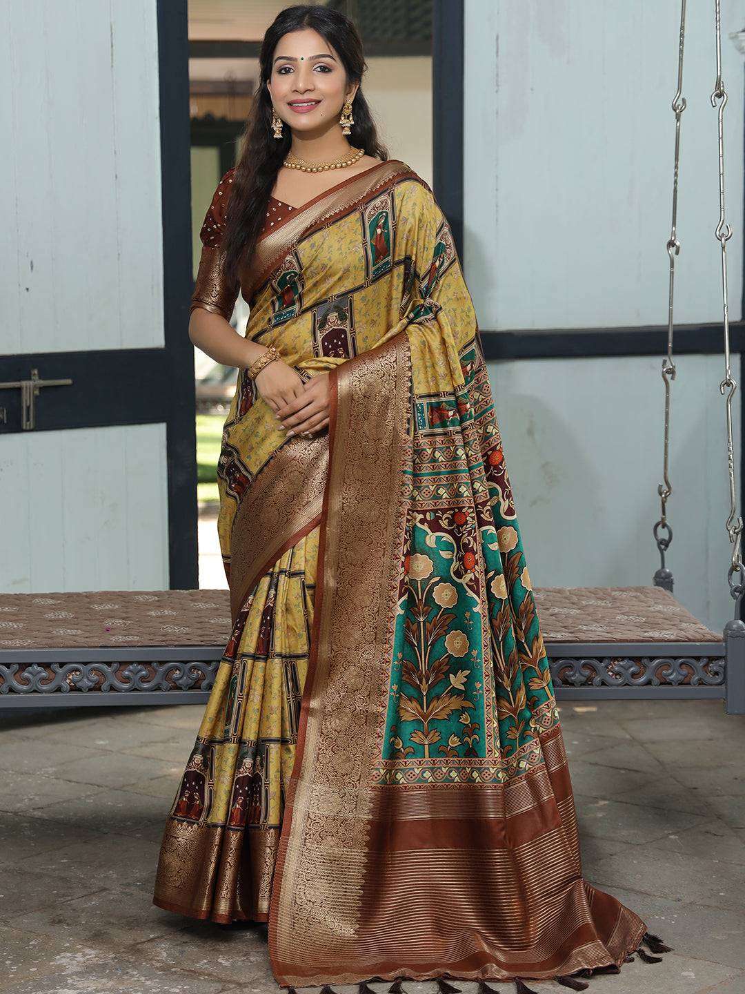 Viscose Dola Silk Mustard Saree with Floral and Mughal Print