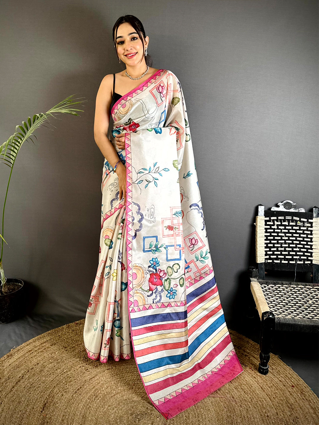 Off White Semi Tussar Striped Pallu Saree