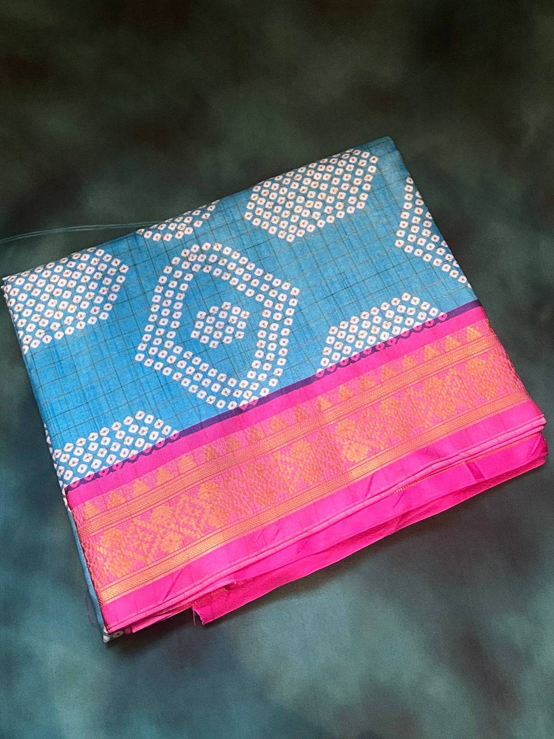 Soft Silk Blue Bandhej Digital Print Saree with Kanjivaaram Border