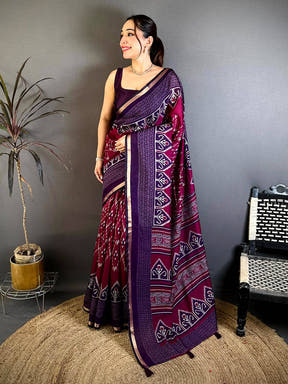 Wine Mul Cotton Ikkat Rudraksha Border Saree