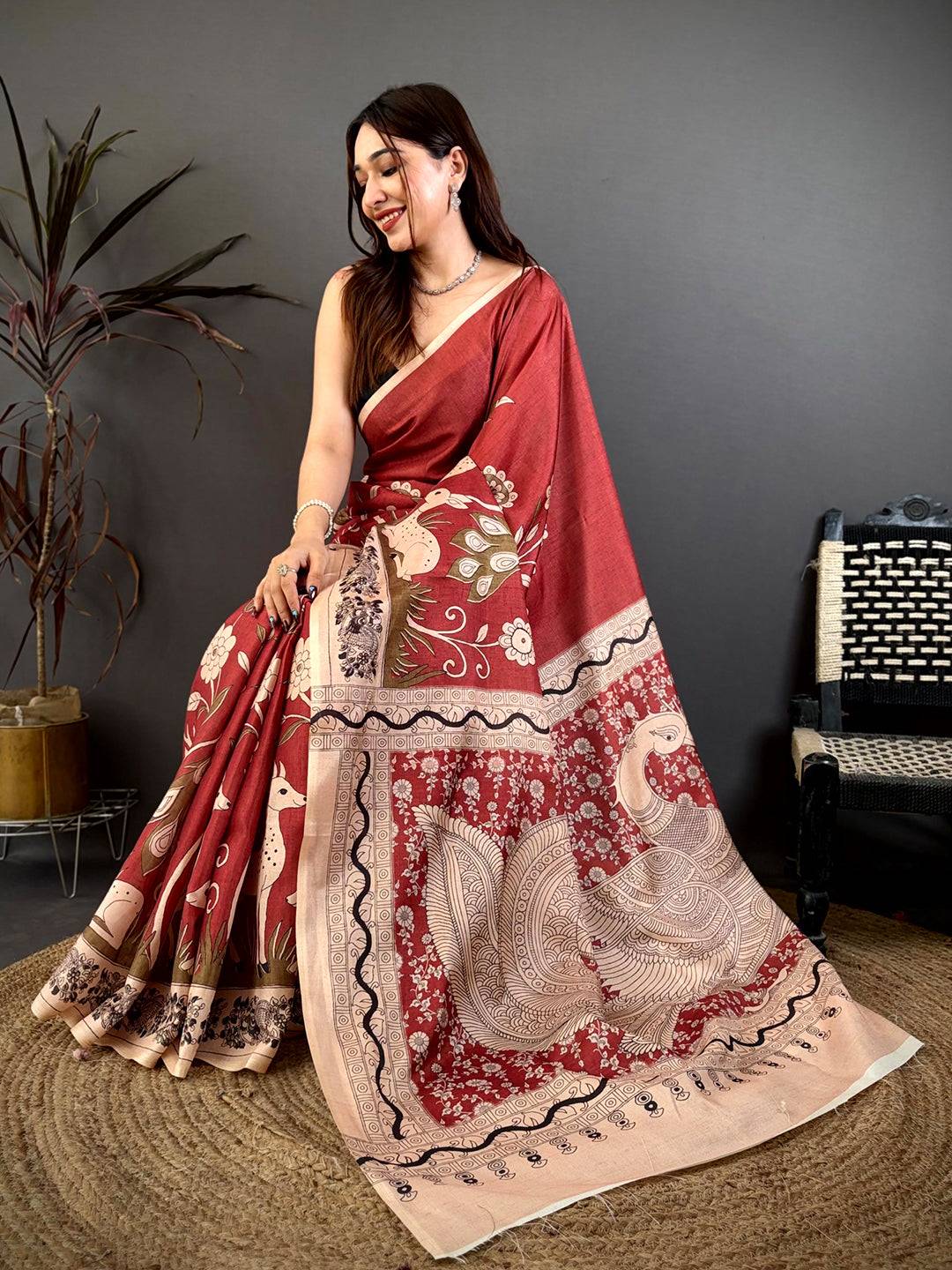 Classic Maroon Printed Soft Tussar Saree
