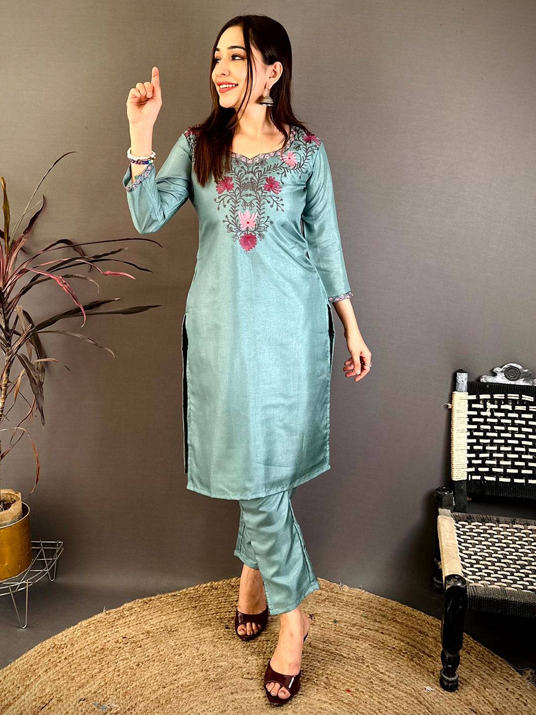 Stylish Paan Neck Ari Work Cotton Kurti