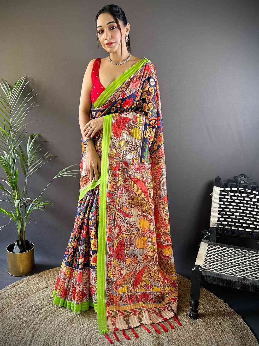 Full view of Orchid Blue Pen Kalamkari Linen Saree with intricate designs