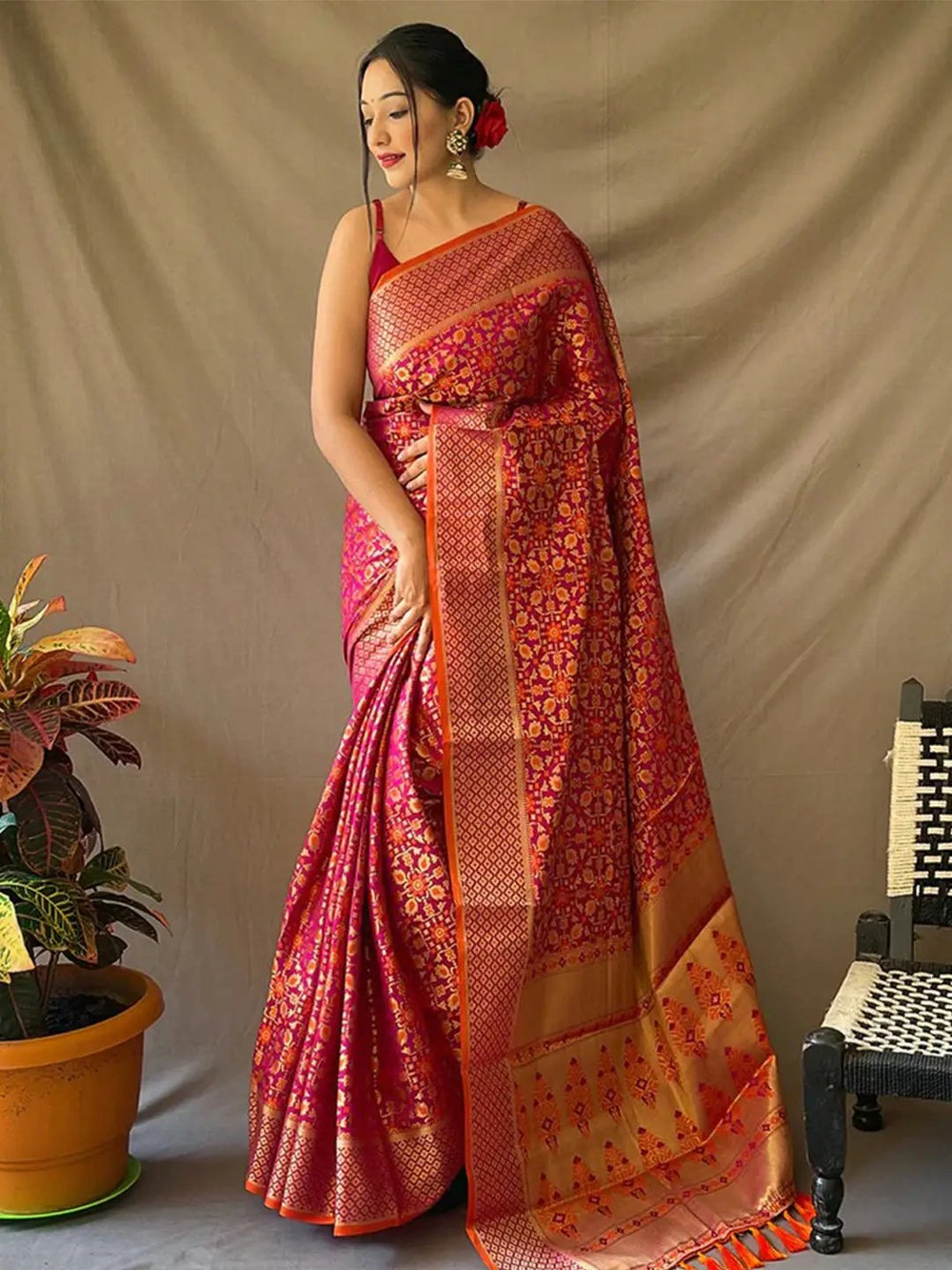 Elegant Wine Patola Silk Saree with gold zari patterns