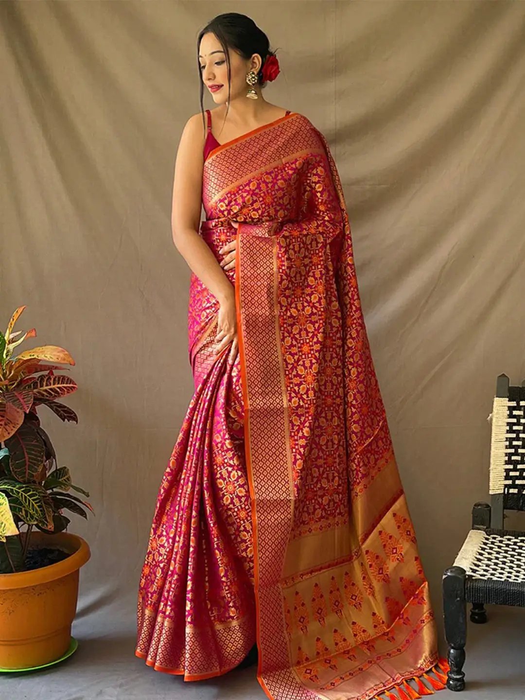 Elegant Wine Patola Silk Saree with gold zari patterns
