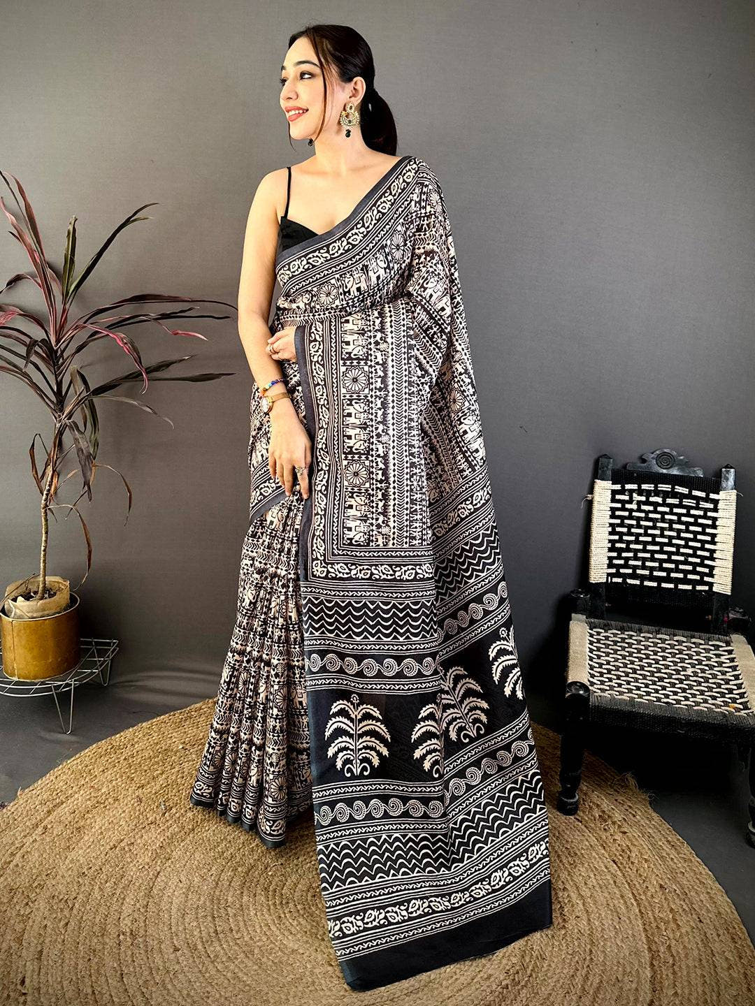 Black Ajrakh Print Semi Tussar Saree