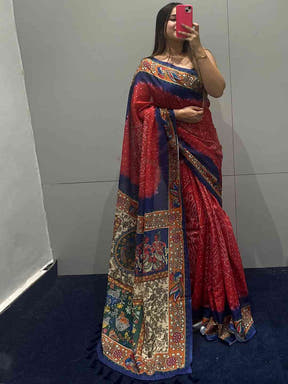 Red linen saree with Bandhej and kalamkari print, mirror selfie