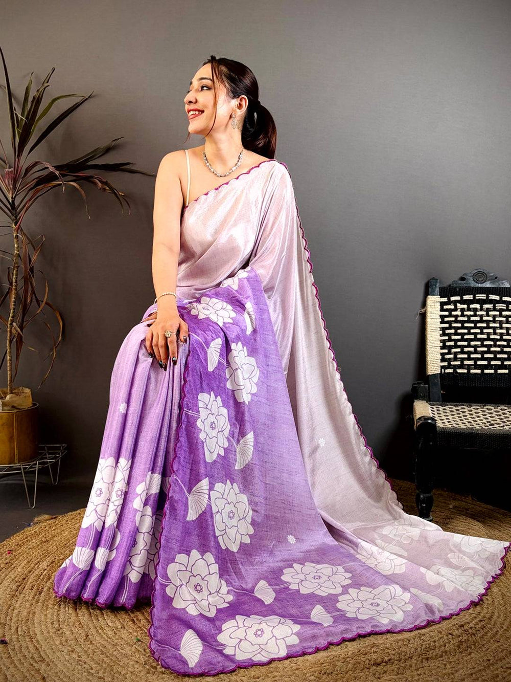 Classic Floral Print Embroidered Chinnon Saree