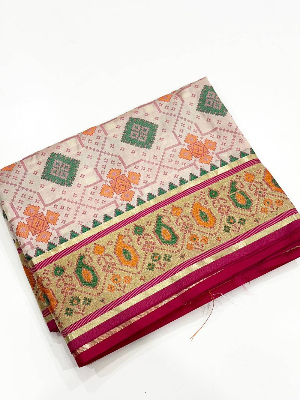 White Soft Silk Saree With Patola Weaving