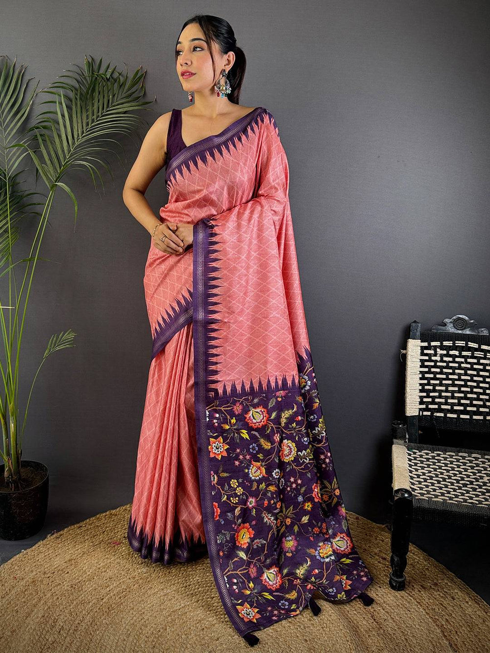 Gajari Tussar Silk Kalamkari Printed Saree