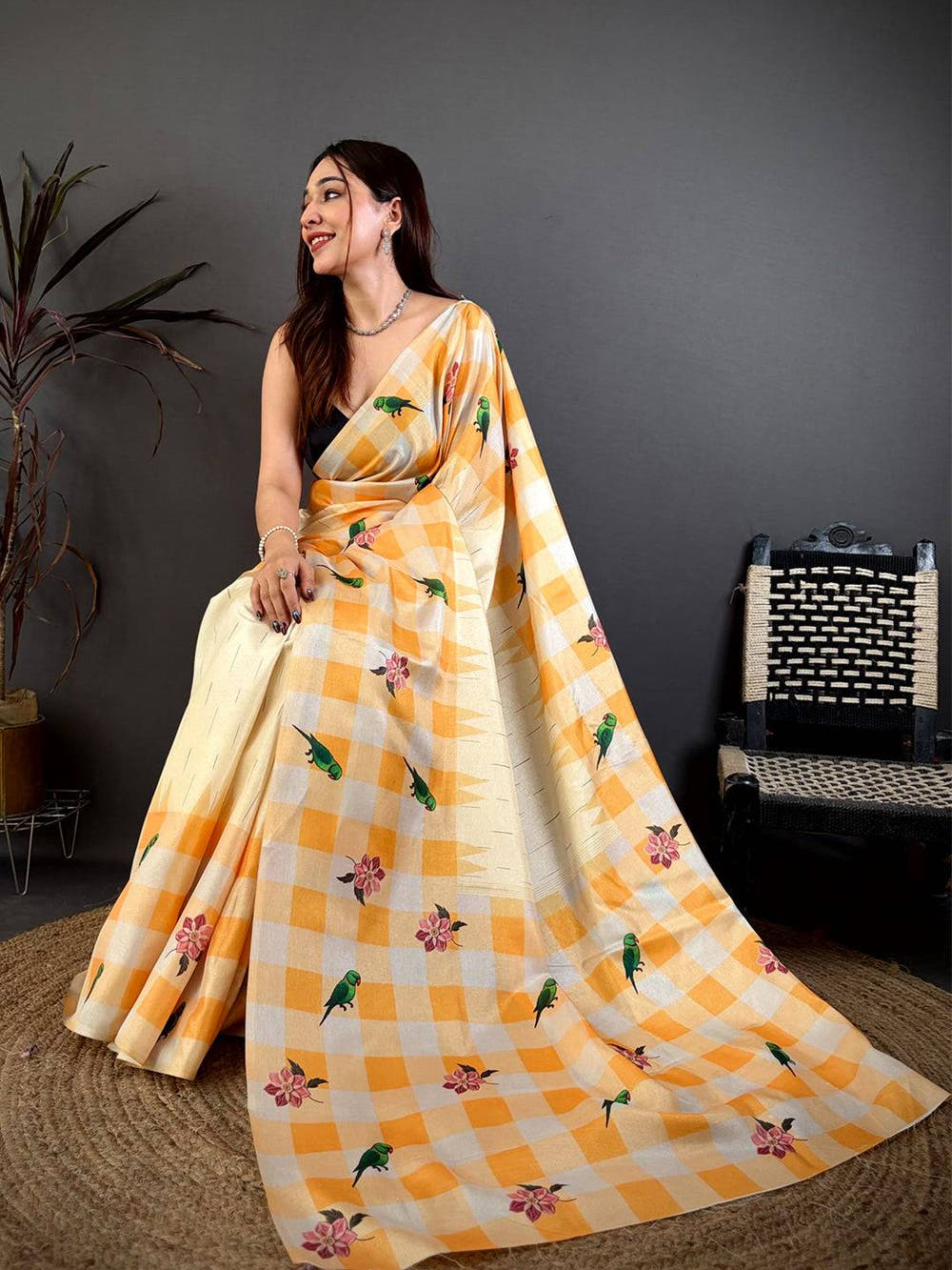 Heritage Parrot Print Soft Tussar Saree