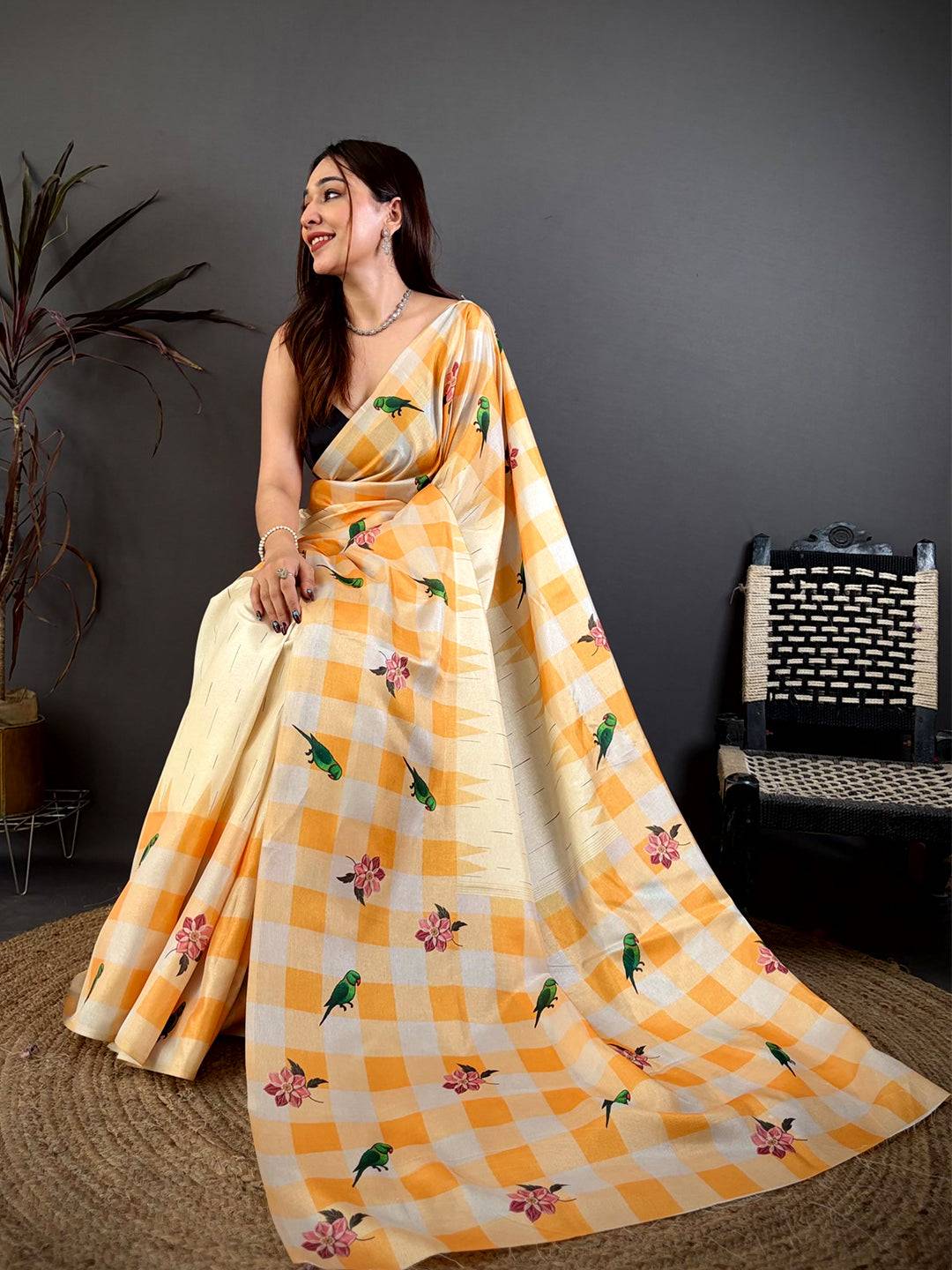 Heritage Parrot Print Soft Tussar Saree