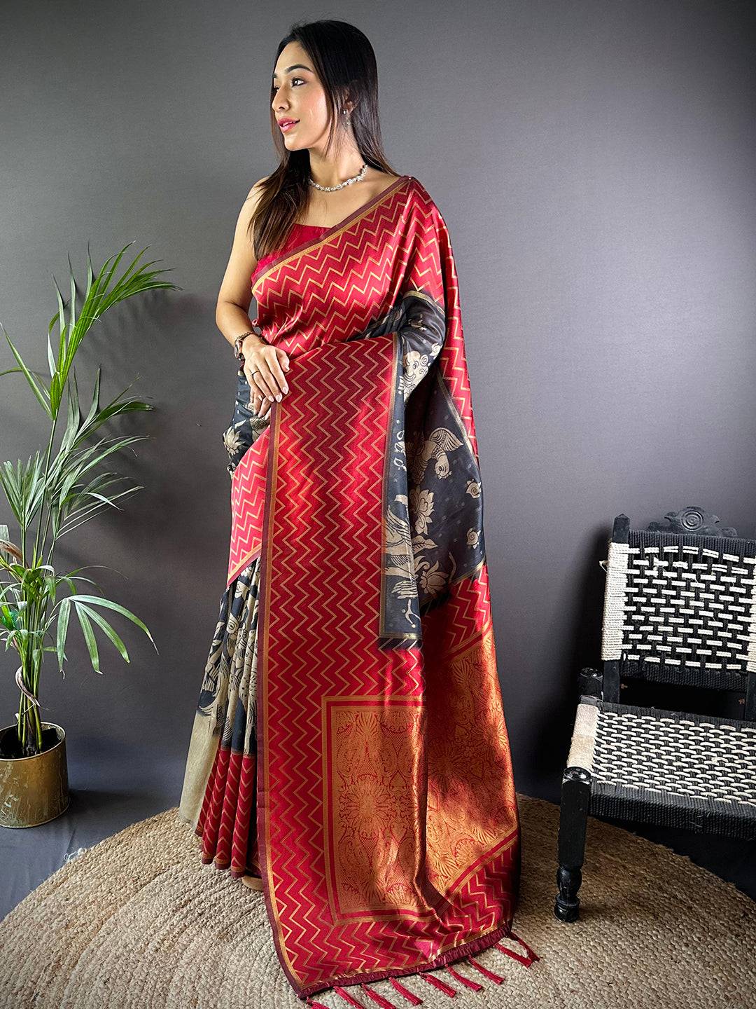 Red Heritage Weave Kalamkari Soft Silk Saree