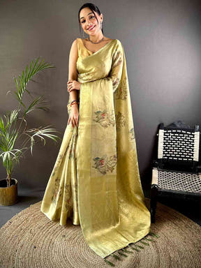 Stylish Olive Self Gold Zari Floral Print Saree