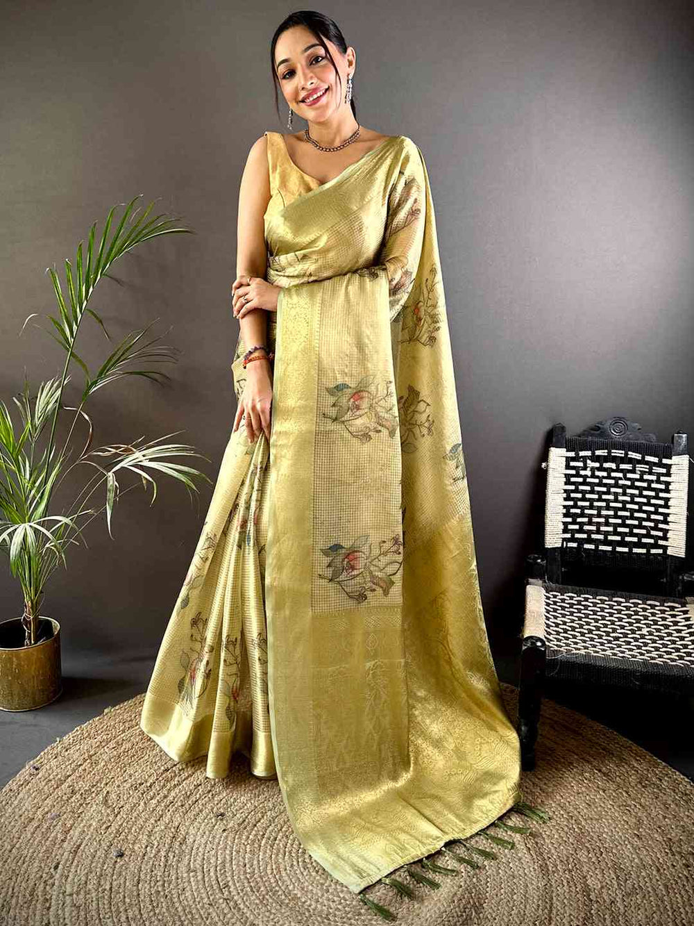Stylish Olive Self Gold Zari Floral Print Saree