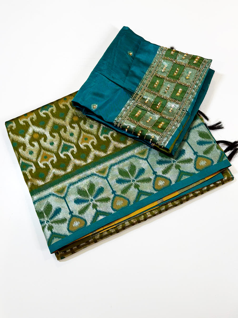 Classic Green Ikkat Soft Silk Saree With Maggam Blouse