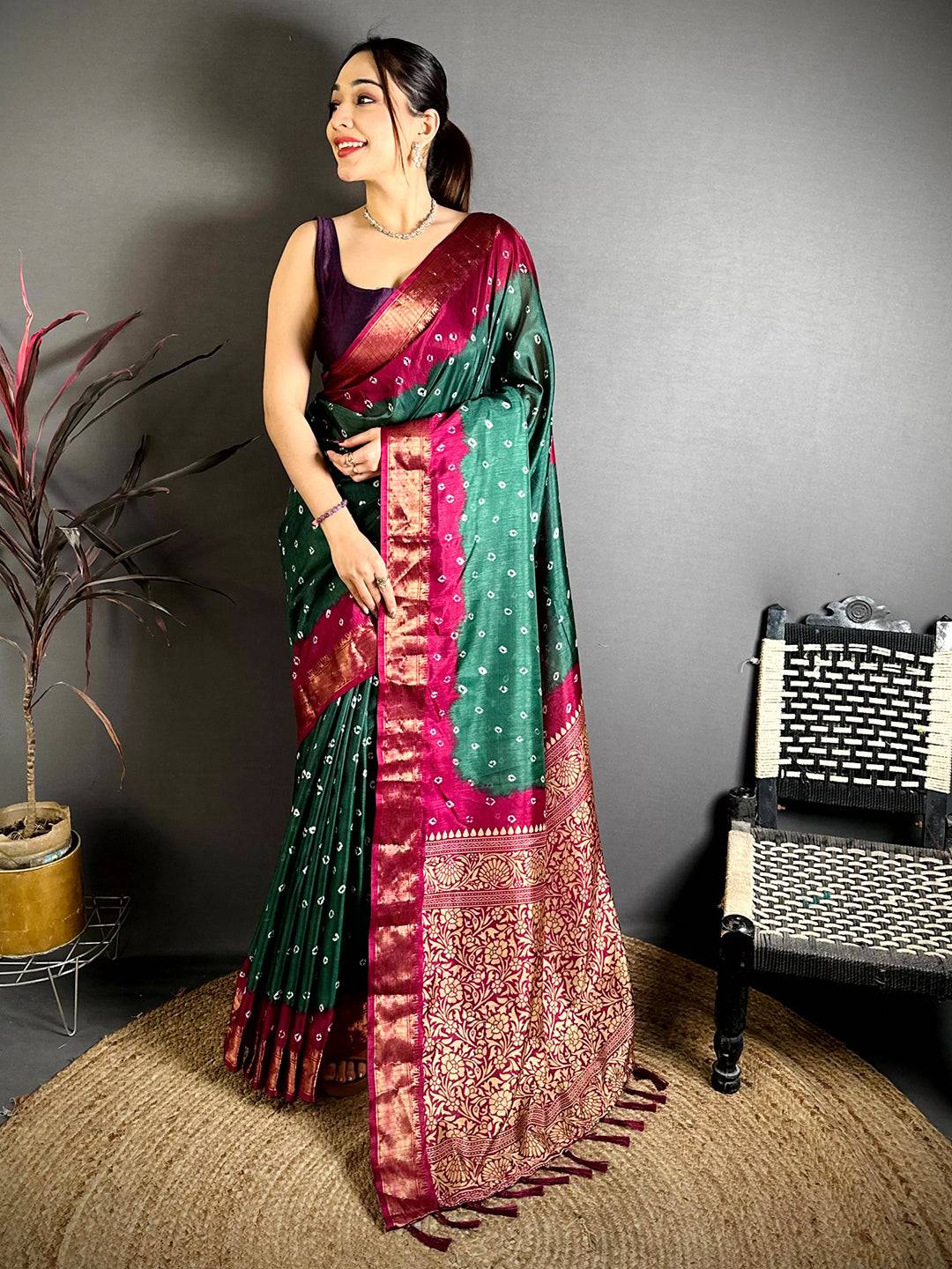 Green Bandhej Printed Dola Silk Saree
