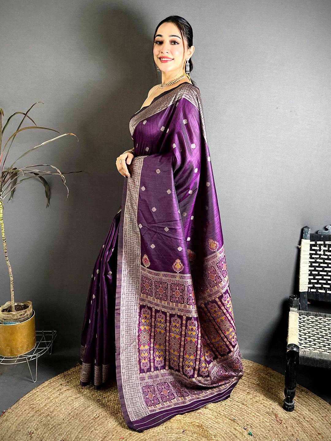 Wine Katan Silk Thread Work Saree