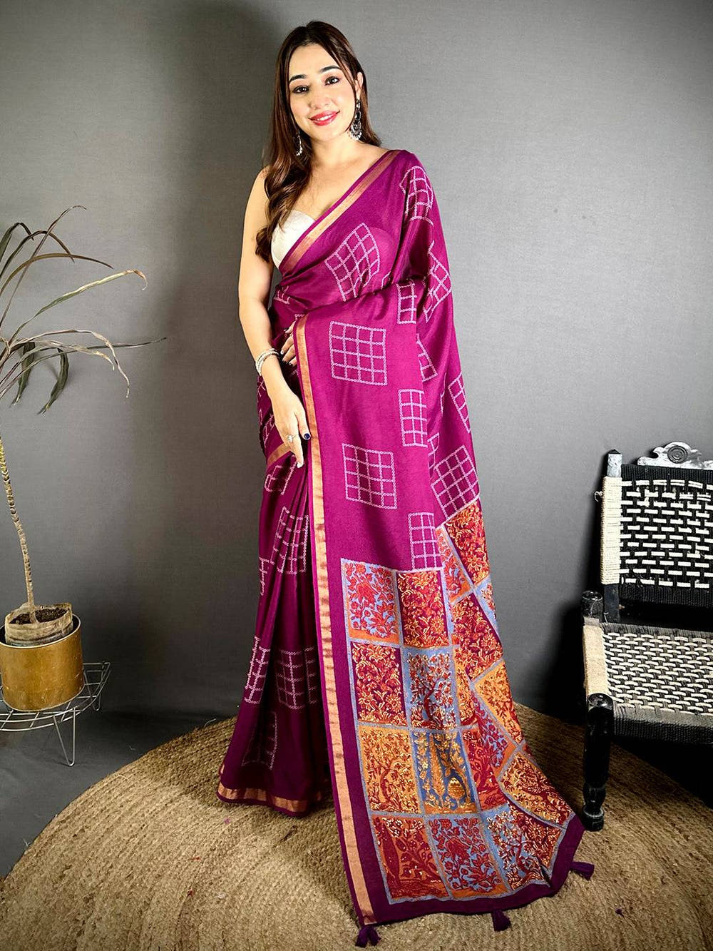 Wine Mul Cotton Kalamkari Print Pallu Saree