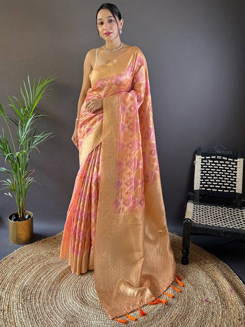 Full view of Carnation Pink Colour Block Print Banarasi Saree