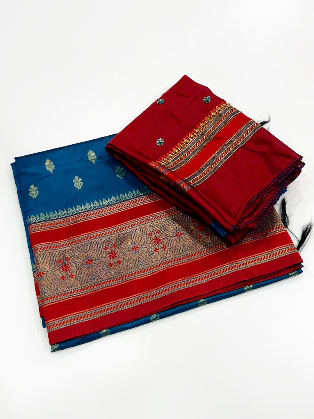 Royal Teal Banarasi Katan Silk Zari Saree With Maggam Blouse