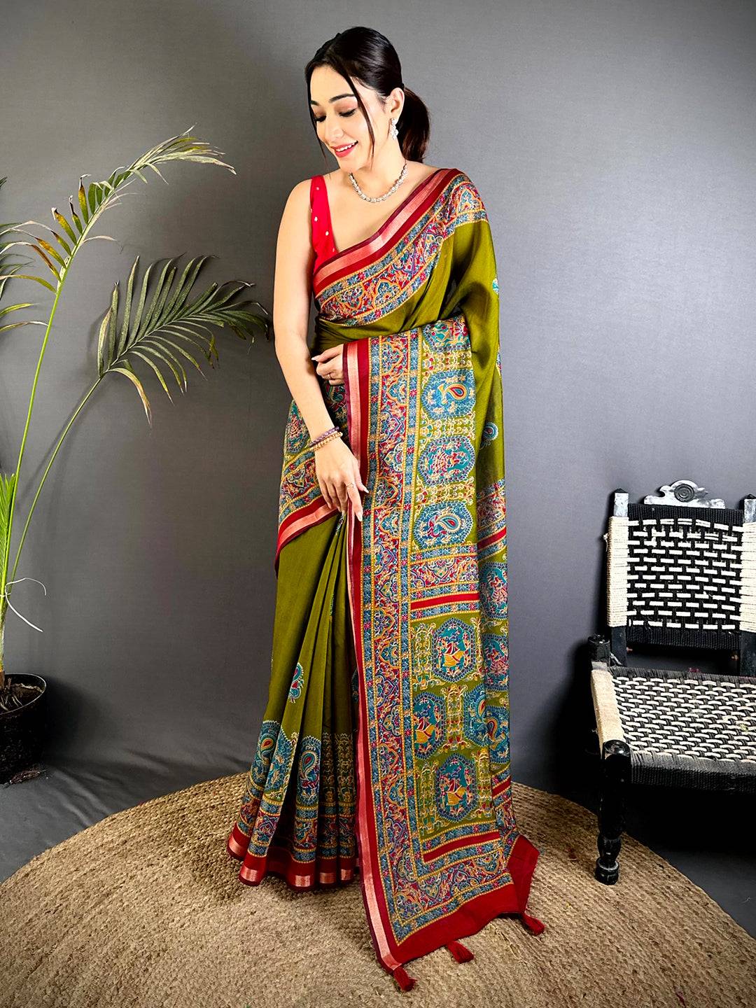 Green Kalamkari Pashmina Cotton Saree