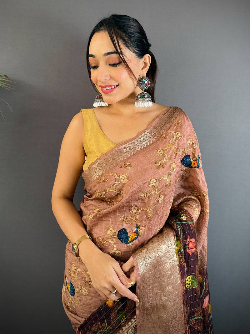 Brown Viscose Kanchi Pattu Border Saree