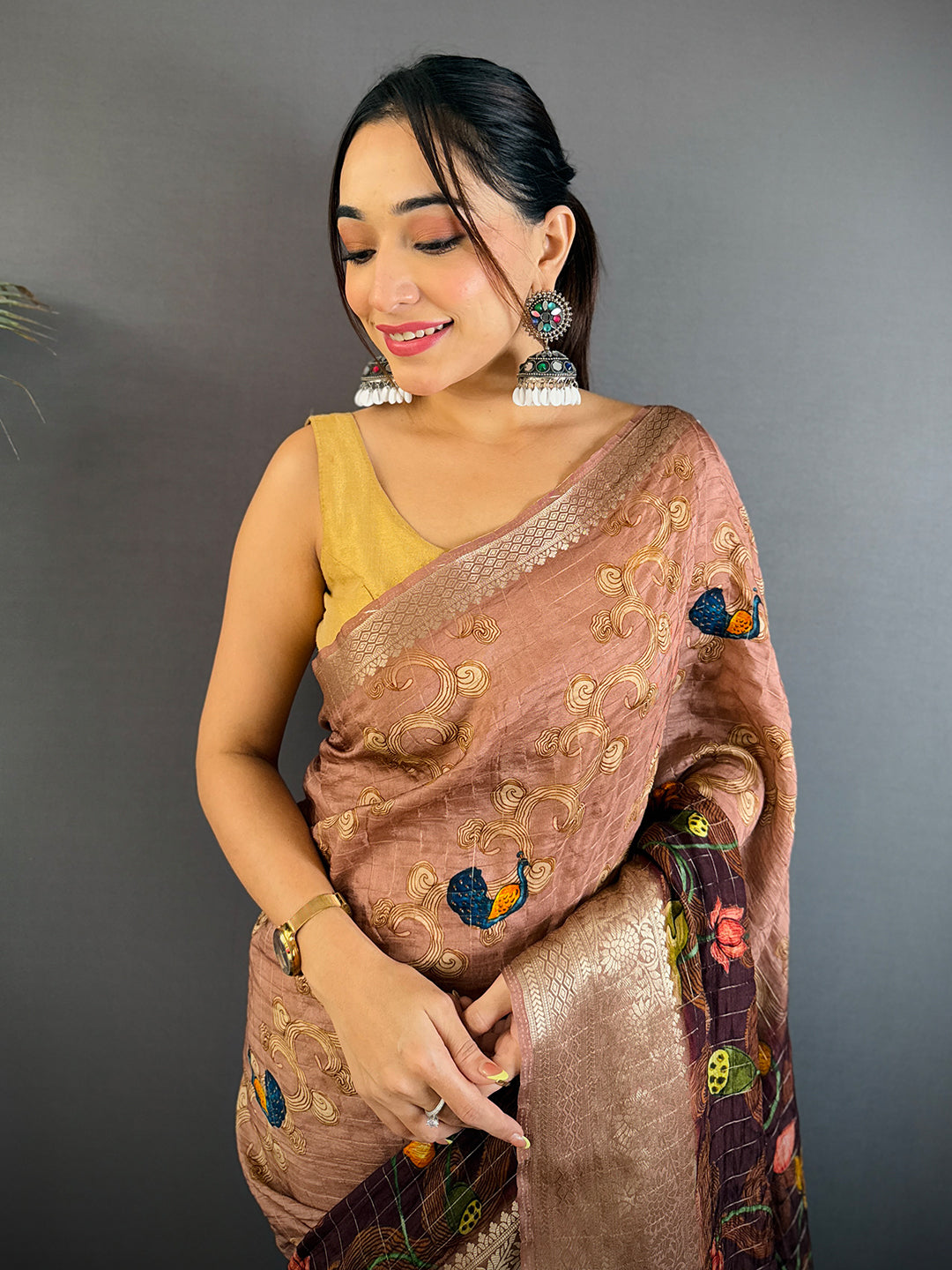 Brown Viscose Kanchi Pattu Border Saree